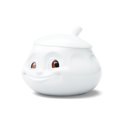 Premium porcelain sugar bowl with "sweet" facial expression and 13.5 oz capacity. Special edition with colorful eyes. Serves sugar, salsa, marmalade, jam, honey, mustard, ketchup, parmesan cheese. Spoon not included. From the porcelain product family of fun dishware by FIFTYEIGHT Products. Shipped in exclusively designed gift box.