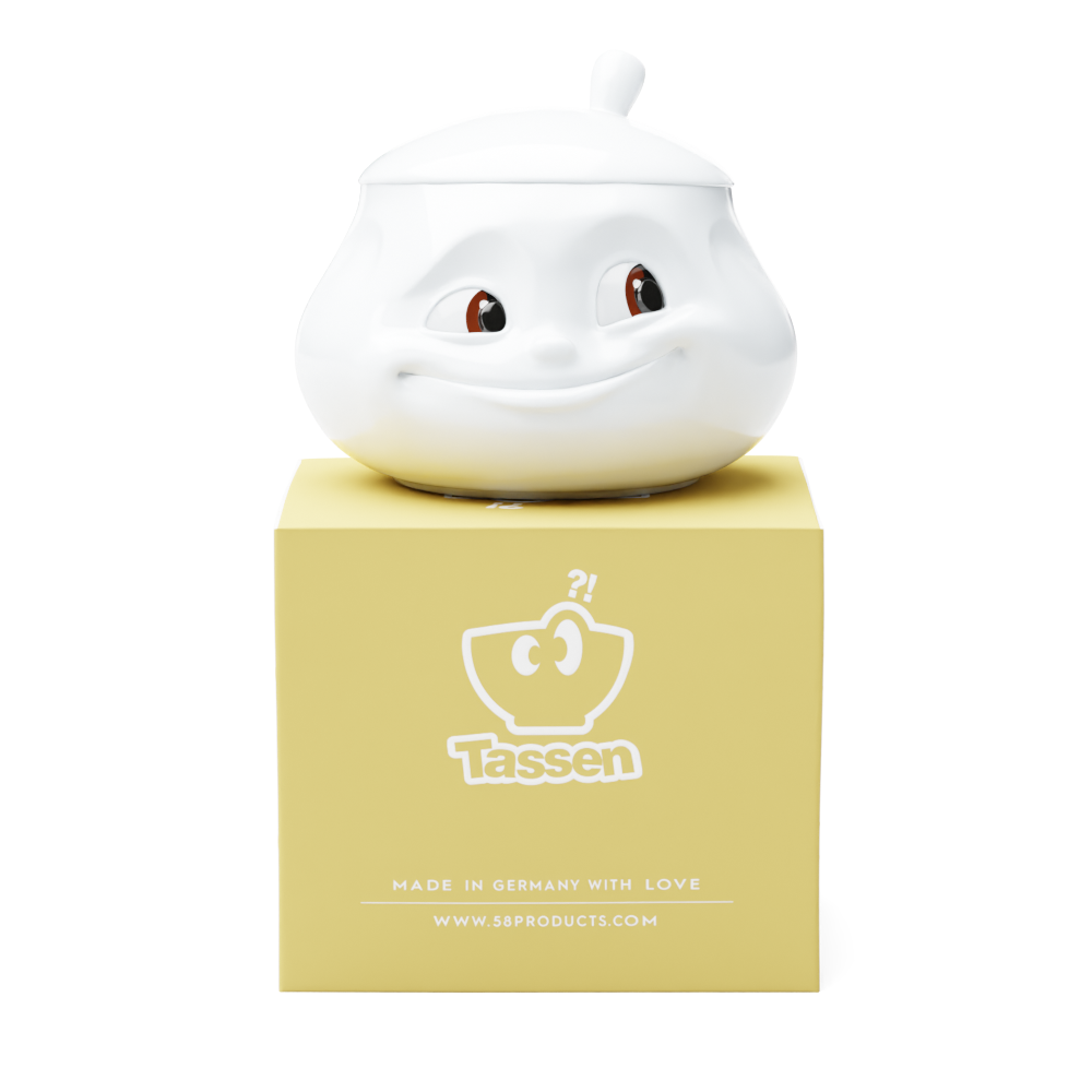 Premium porcelain sugar bowl with "sweet" facial expression and 13.5 oz capacity. Special edition with colorful eyes. Serves sugar, salsa, marmalade, jam, honey, mustard, ketchup, parmesan cheese. Spoon not included. From the porcelain product family of fun dishware by FIFTYEIGHT Products. Shipped in exclusively designed gift box.
