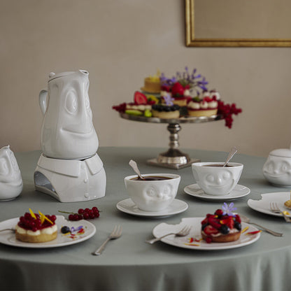 FIFTYEIGHT Products Food Warmer CHIC in white porcelain. Minimalist design with tea light holder base, fits 500ml bowls on top. Premium German porcelain warmer for keeping food warm at table. Made in Germany, dishwasher-safe.