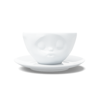 Premium porcelain coffee cup with saucer in white from the porcelain product family of fun dishware by FIFTYEIGHT Products. Offers 6.5 oz capacity and comes with a matching saucer. Dishwasher and microwave safe cup with a 'kissing' facial expression. Shipped in exclusively designed gift box.