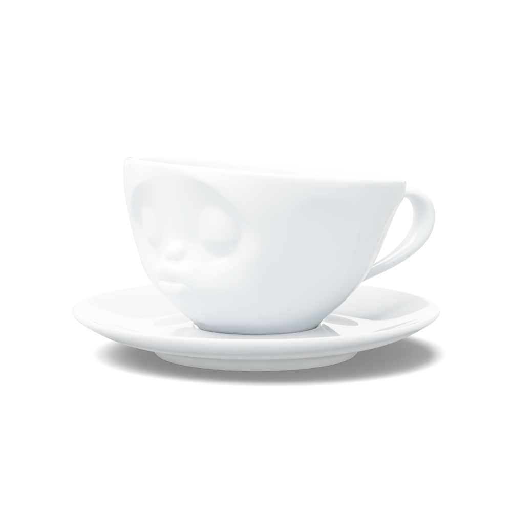 Premium porcelain coffee cup with saucer in white from the porcelain product family of fun dishware by FIFTYEIGHT Products. Offers 6.5 oz capacity and comes with a matching saucer. Dishwasher and microwave safe cup with a 'kissing' facial expression. Shipped in exclusively designed gift box.