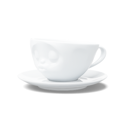 Premium porcelain coffee cup with saucer in white from the porcelain product family of fun dishware by FIFTYEIGHT Products. Offers 6.5 oz capacity and comes with a matching saucer. Dishwasher and microwave safe cup with a 'kissing' facial expression. Shipped in exclusively designed gift box.