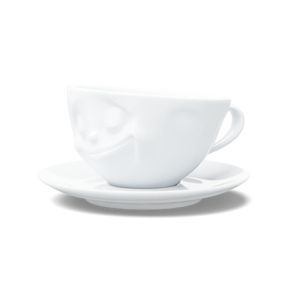 Premium porcelain coffee cup with saucer in white from the porcelain product family of fun dishware by FIFTYEIGHT Products. Offers 6.5 oz capacity and comes with a matching saucer. Dishwasher and microwave safe cup with a 'happy' facial expression. Shipped in exclusively designed gift box.