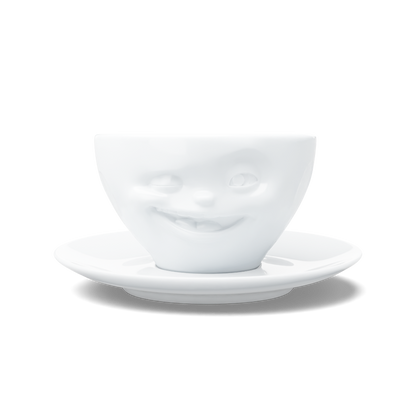 Premium porcelain coffee cup with saucer in white from the porcelain product family of fun dishware by FIFTYEIGHT Products. Offers 6.5 oz capacity and comes with a matching saucer. Dishwasher and microwave safe cup with a 'laughing' facial expression. Shipped in exclusively designed gift box.