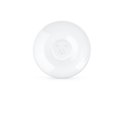 Premium porcelain saucer for coffee cups in white from the TASSEN product family of fun dishware by FIFTYEIGHT Products. Replacement saucer for our Espresso Cups. Single saucer. Dishwasher and microwave safe saucer with FIFTYEIGHT logo details.