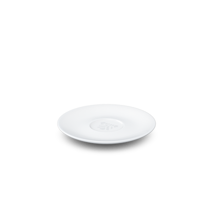 Premium porcelain saucer for coffee cups in white from the TASSEN product family of fun dishware by FIFTYEIGHT Products. Replacement saucer for our Espresso Cups. Single saucer. Dishwasher and microwave safe saucer with FIFTYEIGHT logo details.