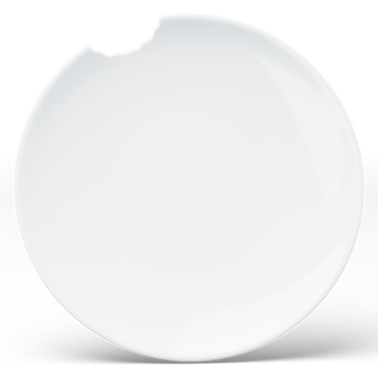 Set of two premium porcelain dinner plates in white with a 'bite mark' cutout at the edge. Dishwasher and microwave safes plate with a 11 inch diameter. From the porcelain product family of fun dishware by FIFTYEIGHT Products. Made in Germany according to environmental standards.
