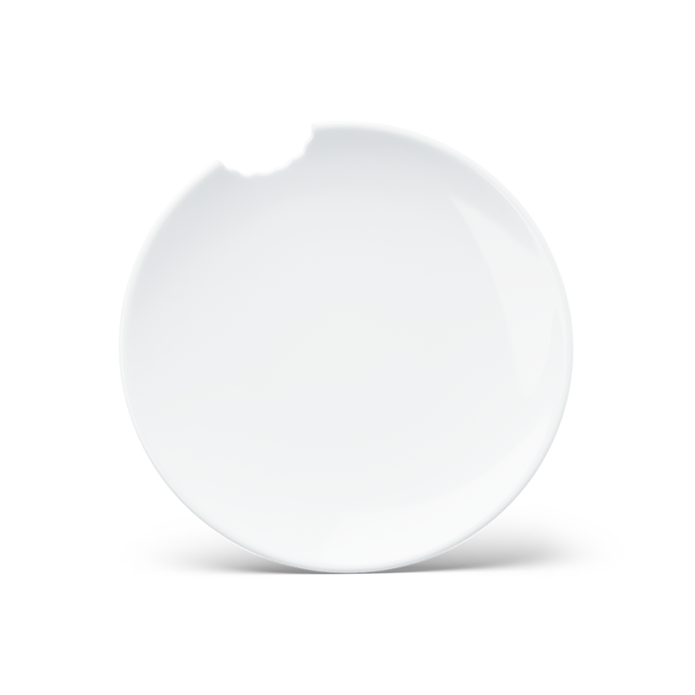 Set of two premium porcelain dessert plates in white with a 'bite mark' cutout at the edge. Dishwasher and microwave safe plate with a 7.8 inch diameter. From the porcelain product family of fun dishware by FIFTYEIGHT Products. Made in Germany according to environmental standards.