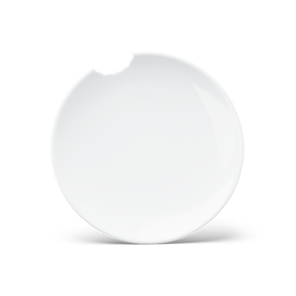 Set of two premium porcelain dessert plates in white with a 'bite mark' cutout at the edge. Dishwasher and microwave safe plate with a 7.8 inch diameter. From the porcelain product family of fun dishware by FIFTYEIGHT Products. Made in Germany according to environmental standards.