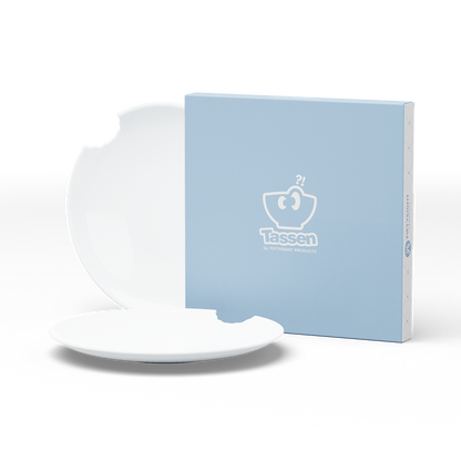 Set of two premium porcelain dessert plates in white with a 'bite mark' cutout at the edge. Dishwasher and microwave safe plate with a 7.8 inch diameter. From the porcelain product family of fun dishware by FIFTYEIGHT Products. Made in Germany according to environmental standards.
