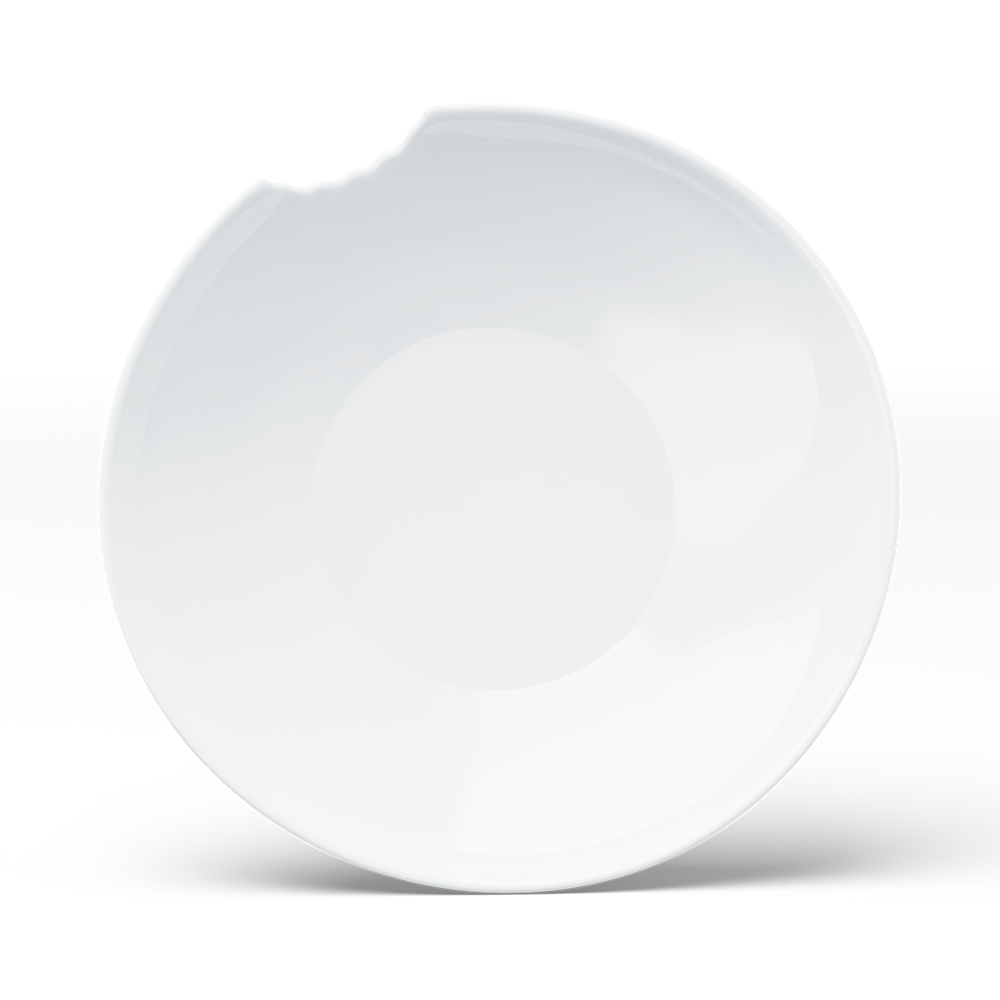 Set of two premium porcelain deep plates in white with a 'bite mark' cutout at the edge. Dishwasher and microwave safes plate with a 9.4 inch diameter. From the porcelain product family of fun dishware by FIFTYEIGHT Products. Made in Germany according to environmental standards.