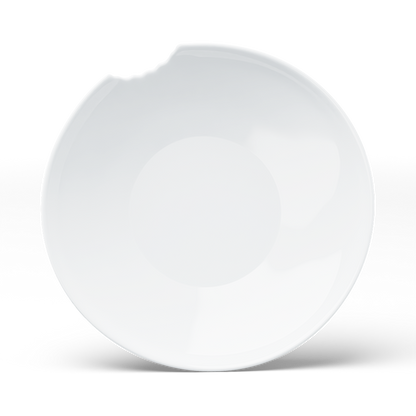 Set of two premium porcelain deep plates in white with a 'bite mark' cutout at the edge. Dishwasher and microwave safes plate with a 9.4 inch diameter. From the porcelain product family of fun dishware by FIFTYEIGHT Products. Made in Germany according to environmental standards.