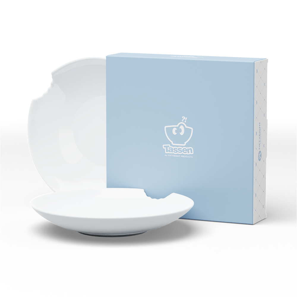 Set of two premium porcelain deep plates in white with a 'bite mark' cutout at the edge. Dishwasher and microwave safes plate with a 9.4 inch diameter. From the porcelain product family of fun dishware by FIFTYEIGHT Products. Made in Germany according to environmental standards.