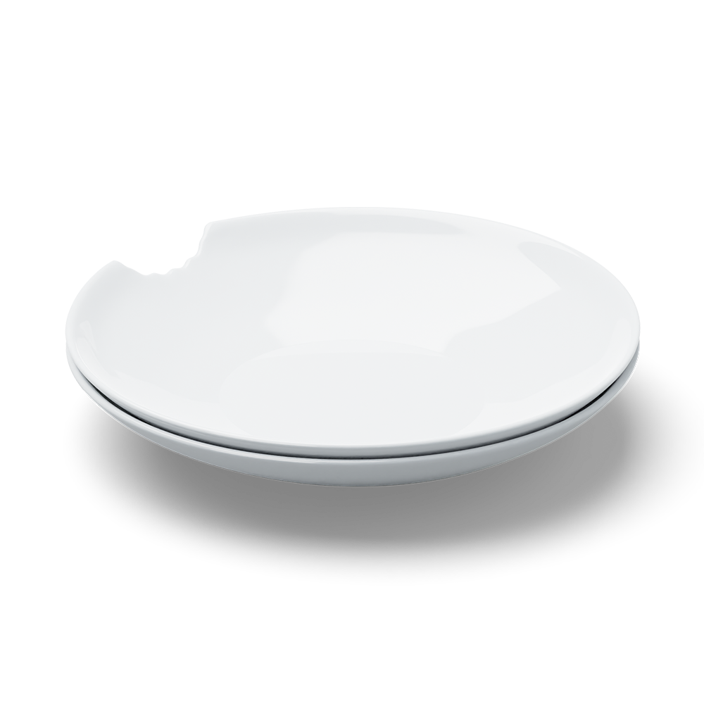 Set of two premium porcelain deep plates in white with a 'bite mark' cutout at the edge. Dishwasher and microwave safes plate with a 9.4 inch diameter. From the porcelain product family of fun dishware by FIFTYEIGHT Products. Made in Germany according to environmental standards.