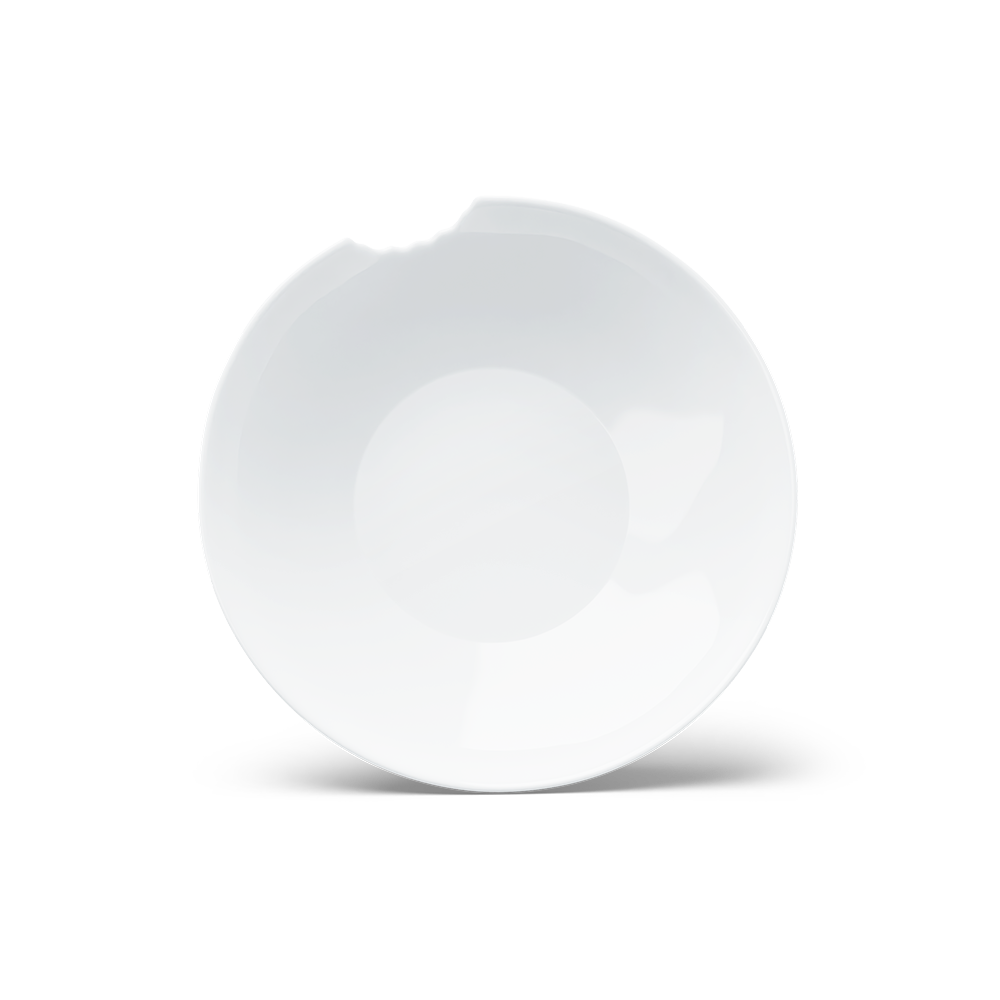 Set of two premium porcelain small deep plates in white with a 'bite mark' cutout at the edge. Dishwasher and microwave safes plate with a compact 7.1 inch diameter. From the porcelain product family of fun dishware by FIFTYEIGHT Products. Made in Germany according to environmental standards.