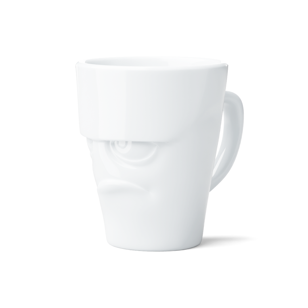 Premium porcelain coffee mug with handle from the porcelain product family of fun dishware by FIFTYEIGHT Products. Offers 11 oz capacity for serving coffee, tea, latte, matcha, soup and more. Dishwasher and microwave safe cup with a 'grumpy' facial expression. Shipped in exclusively designed gift box.