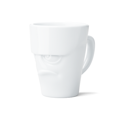 Premium porcelain coffee mug with handle from the porcelain product family of fun dishware by FIFTYEIGHT Products. Offers 11 oz capacity for serving coffee, tea, latte, matcha, soup and more. Dishwasher and microwave safe cup with a 'grumpy' facial expression. Shipped in exclusively designed gift box.