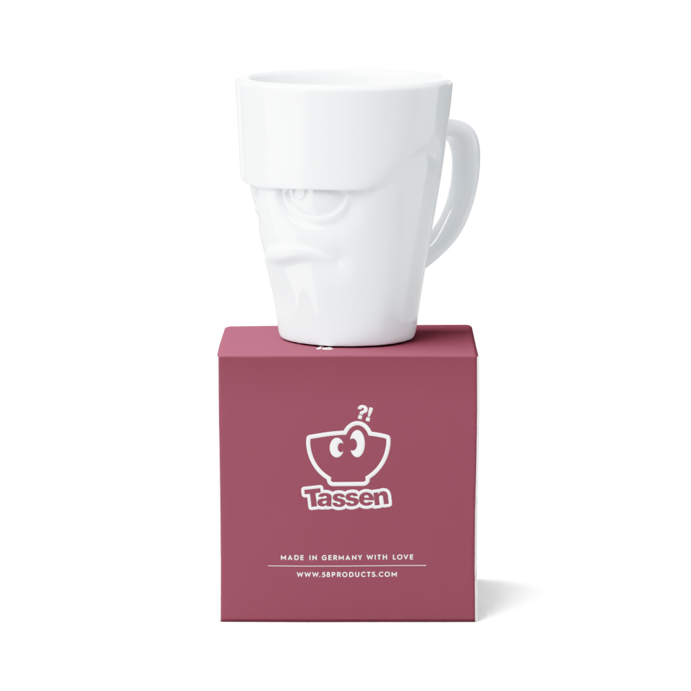 Premium porcelain coffee mug with handle from the porcelain product family of fun dishware by FIFTYEIGHT Products. Offers 11 oz capacity for serving coffee, tea, latte, matcha, soup and more. Dishwasher and microwave safe cup with a 'grumpy' facial expression. Shipped in exclusively designed gift box.