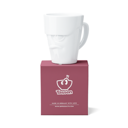 Premium porcelain coffee mug with handle from the porcelain product family of fun dishware by FIFTYEIGHT Products. Offers 11 oz capacity for serving coffee, tea, latte, matcha, soup and more. Dishwasher and microwave safe cup with a 'grumpy' facial expression. Shipped in exclusively designed gift box.