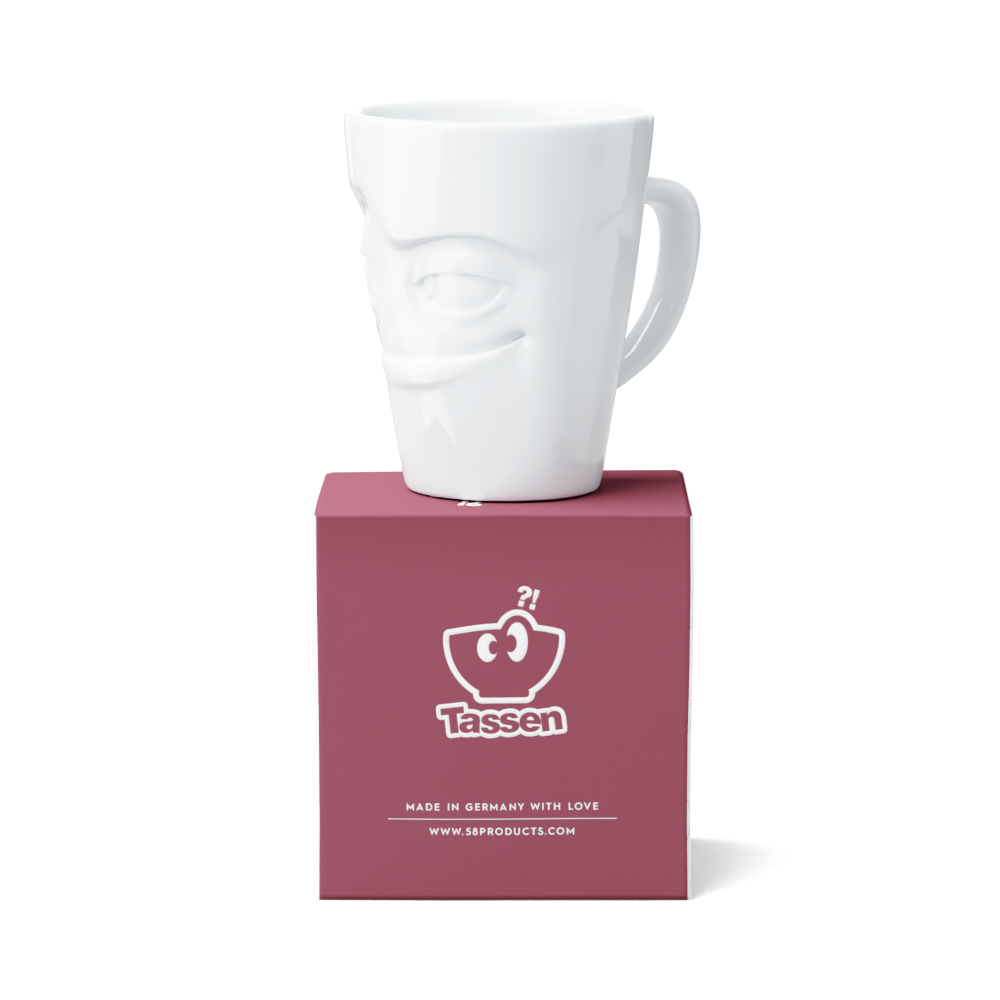 Premium porcelain coffee mug with handle from the porcelain product family of fun dishware by FIFTYEIGHT Products. Offers 11 oz capacity for serving coffee, tea, latte, matcha, soup and more. Dishwasher and microwave safe cup with a 'impish' facial expression. Shipped in exclusively designed gift box.