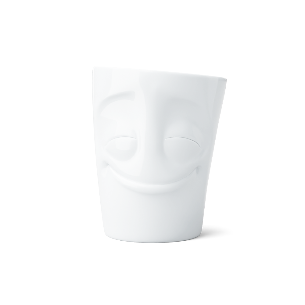 Premium porcelain coffee mug with handle from the porcelain product family of fun dishware by FIFTYEIGHT Products. Offers 11 oz capacity for serving coffee, tea, latte, matcha, soup and more. Dishwasher and microwave safe cup with a 'cheery' facial expression. Shipped in exclusively designed gift box.
