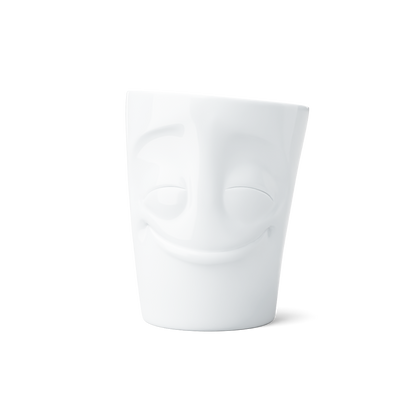 Premium porcelain coffee mug with handle from the porcelain product family of fun dishware by FIFTYEIGHT Products. Offers 11 oz capacity for serving coffee, tea, latte, matcha, soup and more. Dishwasher and microwave safe cup with a 'cheery' facial expression. Shipped in exclusively designed gift box.