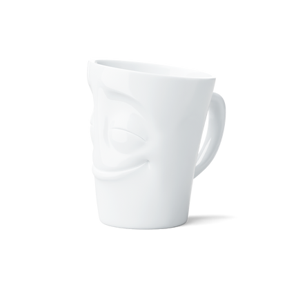Premium porcelain coffee mug with handle from the porcelain product family of fun dishware by FIFTYEIGHT Products. Offers 11 oz capacity for serving coffee, tea, latte, matcha, soup and more. Dishwasher and microwave safe cup with a 'cheery' facial expression. Shipped in exclusively designed gift box.