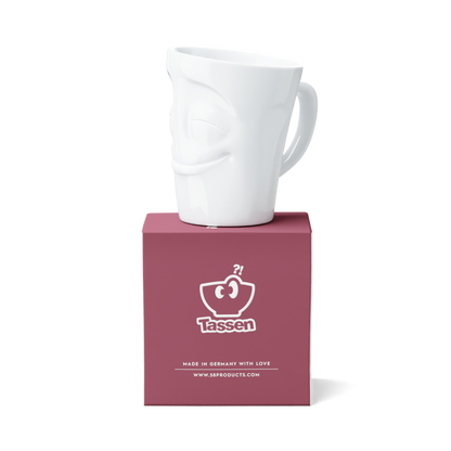 Premium porcelain coffee mug with handle from the porcelain product family of fun dishware by FIFTYEIGHT Products. Offers 11 oz capacity for serving coffee, tea, latte, matcha, soup and more. Dishwasher and microwave safe cup with a 'cheery' facial expression. Shipped in exclusively designed gift box.