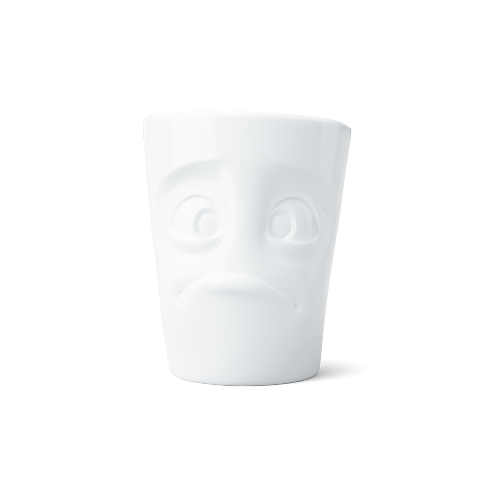 Premium porcelain coffee mug with handle from the porcelain product family of fun dishware by FIFTYEIGHT Products. Offers 11 oz capacity for serving coffee, tea, latte, matcha, soup and more. Dishwasher and microwave safe cup with a 'baffled' facial expression. Shipped in exclusively designed gift box.