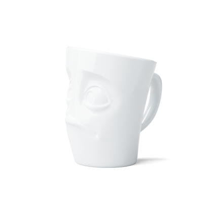 Premium porcelain coffee mug with handle from the porcelain product family of fun dishware by FIFTYEIGHT Products. Offers 11 oz capacity for serving coffee, tea, latte, matcha, soup and more. Dishwasher and microwave safe cup with a 'baffled' facial expression. Shipped in exclusively designed gift box.