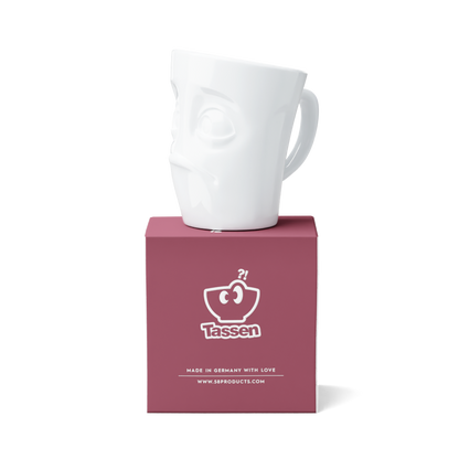 Premium porcelain coffee mug with handle from the porcelain product family of fun dishware by FIFTYEIGHT Products. Offers 11 oz capacity for serving coffee, tea, latte, matcha, soup and more. Dishwasher and microwave safe cup with a 'baffled' facial expression. Shipped in exclusively designed gift box.