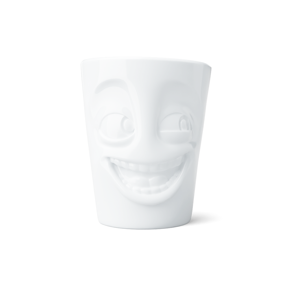 Premium porcelain coffee mug with handle from the porcelain product family of fun dishware by FIFTYEIGHT Products. Offers 11 oz capacity for serving coffee, tea, latte, matcha, soup and more. Dishwasher and microwave safe cup with a 'joking' facial expression. Shipped in exclusively designed gift box.
