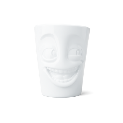 Premium porcelain coffee mug with handle from the porcelain product family of fun dishware by FIFTYEIGHT Products. Offers 11 oz capacity for serving coffee, tea, latte, matcha, soup and more. Dishwasher and microwave safe cup with a 'joking' facial expression. Shipped in exclusively designed gift box.