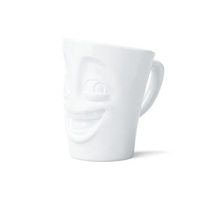 Premium porcelain coffee mug with handle from the porcelain product family of fun dishware by FIFTYEIGHT Products. Offers 11 oz capacity for serving coffee, tea, latte, matcha, soup and more. Dishwasher and microwave safe cup with a 'joking' facial expression. Shipped in exclusively designed gift box.