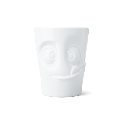 Premium porcelain coffee mug with handle from the porcelain product family of fun dishware by FIFTYEIGHT Products. Offers 11 oz capacity for serving coffee, tea, latte, matcha, soup and more. Dishwasher and microwave safe cup with a 'tasty' facial expression. Shipped in exclusively designed gift box.