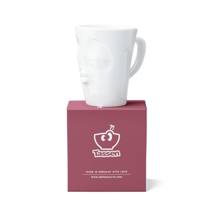 Premium porcelain coffee mug with handle from the popular porcelain family of fun dishware by FIFTYEIGHT Products. Special art edition with colorful accents applied by hand. Offers 11 oz capacity for serving coffee, tea, latte, matcha, soup and more. Dishwasher and microwave safe cup with a 'kissing' facial expression. Shipped in exclusively designed gift box.