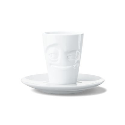 Premium porcelain espresso cup with saucer in white from the porcelain product family of fun dishware by FIFTYEIGHT Products. Offers 2.7 oz capacity and comes with a matching saucer. Dishwasher and microwave safe cup with an 'impish' facial expression. Shipped in exclusively designed gift box.