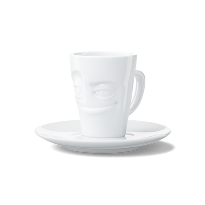 Premium porcelain espresso cup with saucer in white from the porcelain product family of fun dishware by FIFTYEIGHT Products. Offers 2.7 oz capacity and comes with a matching saucer. Dishwasher and microwave safe cup with an 'impish' facial expression. Shipped in exclusively designed gift box.
