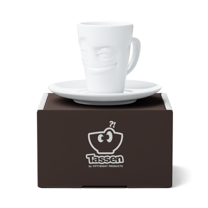 Premium porcelain espresso cup with saucer in white from the porcelain product family of fun dishware by FIFTYEIGHT Products. Offers 2.7 oz capacity and comes with a matching saucer. Dishwasher and microwave safe cup with an 'impish' facial expression. Shipped in exclusively designed gift box.
