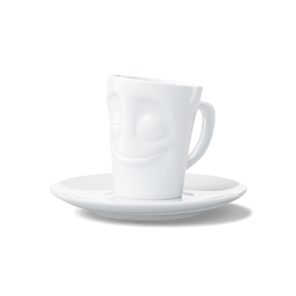 Premium porcelain espresso cup with saucer in white from the porcelain product family of fun dishware by FIFTYEIGHT Products. Offers 2.7 oz capacity and comes with a matching saucer. Dishwasher and microwave safe cup with an 'cheery' facial expression. Shipped in exclusively designed gift box.