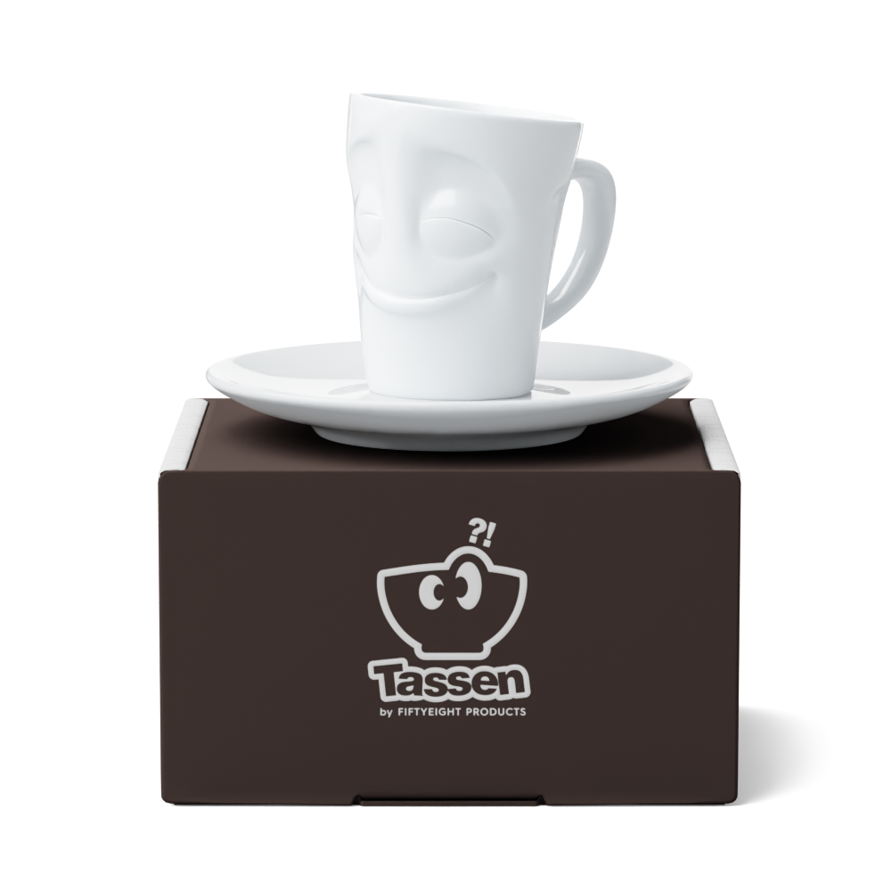 Premium porcelain espresso cup with saucer in white from the porcelain product family of fun dishware by FIFTYEIGHT Products. Offers 2.7 oz capacity and comes with a matching saucer. Dishwasher and microwave safe cup with an 'cheery' facial expression. Shipped in exclusively designed gift box.
