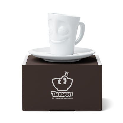 Premium porcelain espresso cup with saucer in white from the porcelain product family of fun dishware by FIFTYEIGHT Products. Offers 2.7 oz capacity and comes with a matching saucer. Dishwasher and microwave safe cup with an 'cheery' facial expression. Shipped in exclusively designed gift box.