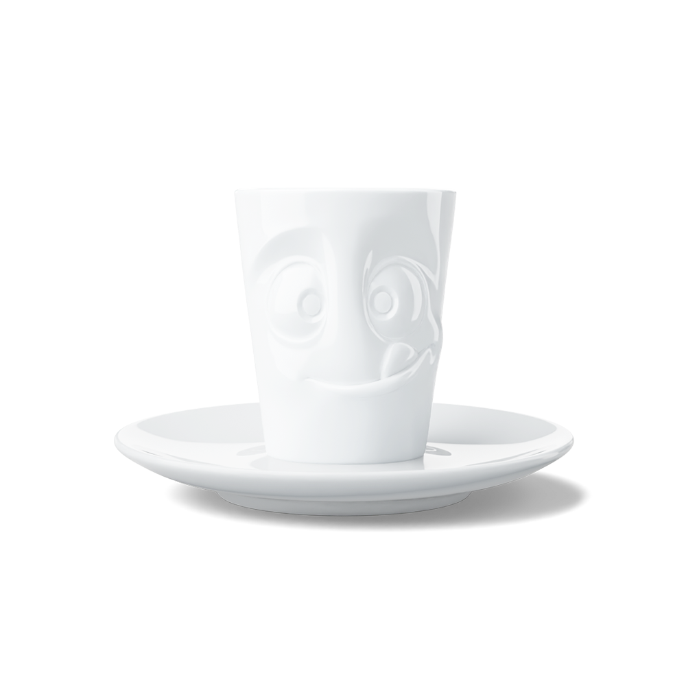 Premium porcelain espresso cup with saucer in white from the porcelain product family of fun dishware by FIFTYEIGHT Products. Offers 2.7 oz capacity and comes with a matching saucer. Dishwasher and microwave safe cup with a 'tasty' facial expression. Shipped in exclusively designed gift box.