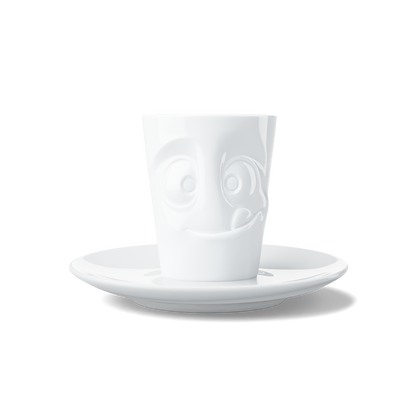 Premium porcelain espresso cup with saucer in white from the porcelain product family of fun dishware by FIFTYEIGHT Products. Offers 2.7 oz capacity and comes with a matching saucer. Dishwasher and microwave safe cup with a 'tasty' facial expression. Shipped in exclusively designed gift box.