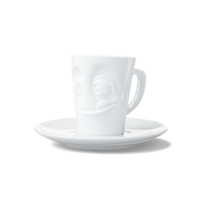 Premium porcelain espresso cup with saucer in white from the porcelain product family of fun dishware by FIFTYEIGHT Products. Offers 2.7 oz capacity and comes with a matching saucer. Dishwasher and microwave safe cup with a 'tasty' facial expression. Shipped in exclusively designed gift box.