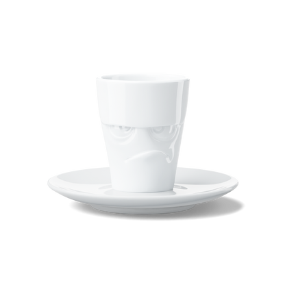 Premium porcelain espresso cup with saucer in white from the porcelain product family of fun dishware by FIFTYEIGHT Products. Offers 2.7 oz capacity and comes with a matching saucer. Dishwasher and microwave safe cup with a 'grumpy' facial expression. Shipped in exclusively designed gift box.