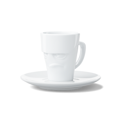 Premium porcelain espresso cup with saucer in white from the porcelain product family of fun dishware by FIFTYEIGHT Products. Offers 2.7 oz capacity and comes with a matching saucer. Dishwasher and microwave safe cup with a 'grumpy' facial expression. Shipped in exclusively designed gift box.