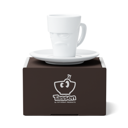 Premium porcelain espresso cup with saucer in white from the porcelain product family of fun dishware by FIFTYEIGHT Products. Offers 2.7 oz capacity and comes with a matching saucer. Dishwasher and microwave safe cup with a 'grumpy' facial expression. Shipped in exclusively designed gift box.
