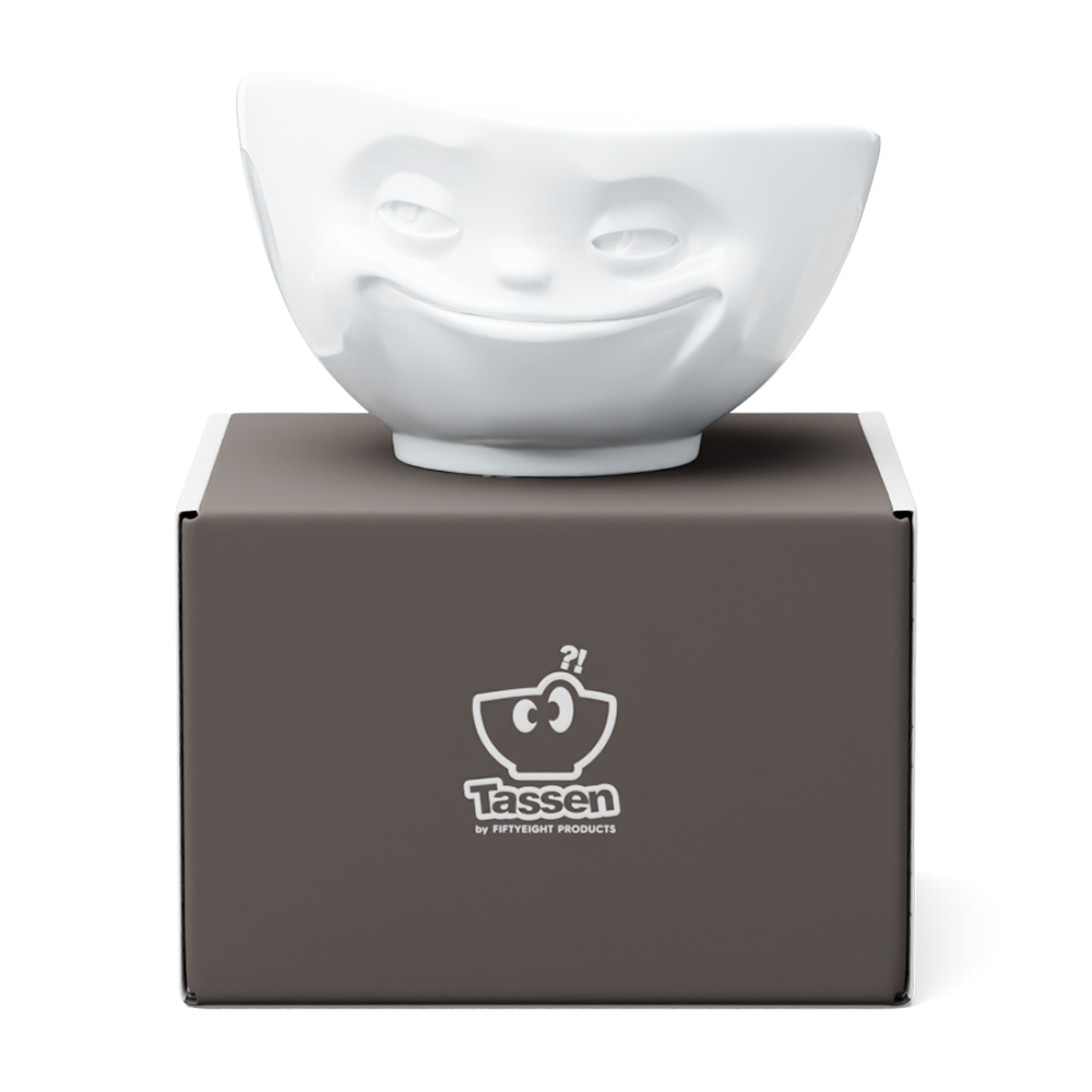 Premium extra large porcelain bowl in white from the porcelain product family of fun dishware by FIFTYEIGHT Products. Offers 33 oz capacity perfect for serving noodle soup, salads and much more. Dishwasher and microwave safe bowl featuring a sculpted ‘grinning’ facial expression. Shipped in exclusively designed gift box.