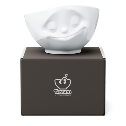 Premium extra large porcelain bowl in white from the porcelain product family of fun dishware by FIFTYEIGHT Products. Offers 33 oz capacity perfect for serving noodle soup, salads and much more. Dishwasher and microwave safe bowl featuring a sculpted ‘happy’ facial expression. Shipped in exclusively designed gift box.